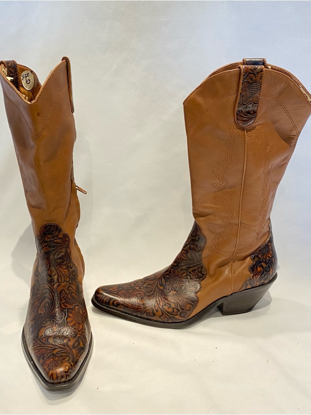 Coldwater Creek Two-Tone Tan and Brown Leather Embossed Western Boots, size 6